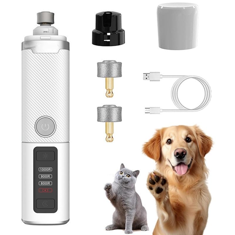 2025 Upgraded Cat Dog Nail Grinder, Quiet Electric Pet Nail Clipper with LED Light & 3 Speeds, Safe Rechargeable Nail Trimmer for Suitable for Large Medium Small Dogs and Cats Pets (White)