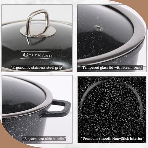 GOLDMANN Cast Aluminium Saucepan 24 cm - 4.5 L Non-Stick Ceramic Marble Look Glass Lid Induction Suitable for All Hobs Oven Safe and PFOA Free