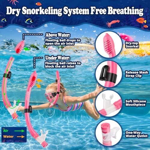 UPhitnis Children's Snorkel Set - Diving Goggles Anti-Fog and Dry Snorkel - Anti-Leak Diving Mask Dry Snorkel - Snorkelling Set for Boys Girls - Pink, Blue, Black, Yellow