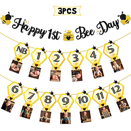 3PCS Happy Bee Day Party Decorations, Bumble Honey Bee 1st Birthday Baby Photo Banner for Newborn to 12 Months, Monthly Milestone Photograph Bunting Garland, First Birthday Celebration Decorations
