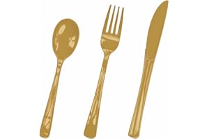HEIPINIUYE 75 Pack Gold Plastic Cutlery Heavy Duty Gold Plastic Knives Forks and Spoons Disposable Silverware Set for 25 Guest Camping Birthday Baby Shower Party Cutlery Set