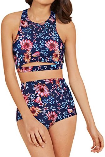Babequeen Womens Bathing Suits High Waisted Bikini Two Piece Tank Tops Cut Out Swimsuit Navy M