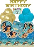 Princess Jasmine and Aladdin Birthday Party Supplies and Decorations Pack For 16 With Gold Banner, Balloons, Tablecloth, Plates, Napkins and Birthday Card by JPMD