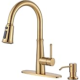 WOWOW Gold Single Handle High Arc Stainless Steel Faucet with Pull Down Sprayer for Sink 2 or 4 Hole, Pull Out Kitchen Faucet with Deck Plate & 3 Functions