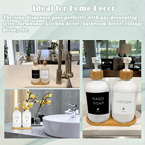 Glass Soap Dispenser with Bamboo Pumps and Tray, 2 Pack 16 Oz Dish and Hand Soap Dispensers Set