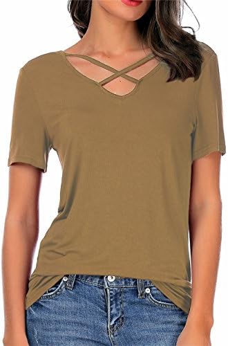 CPOKRTTWSO Women Summer Tops Cross Front Deep V-Neck Short Sleeve Tees Top Coffe L