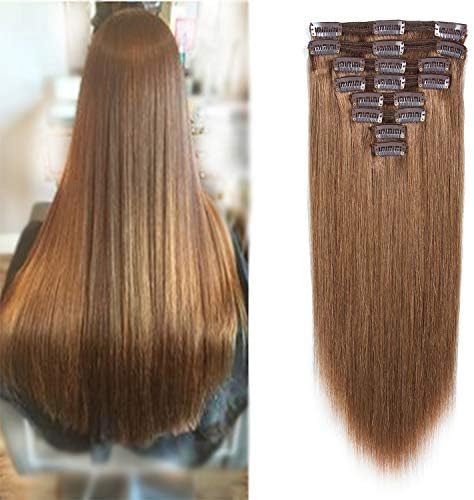 Double Weft 100% Human Hair Clip In Extensions Silky Straight 8Pcs 18Clips 14-22Inch (18 Inch=220G, 6 Light Brown)
