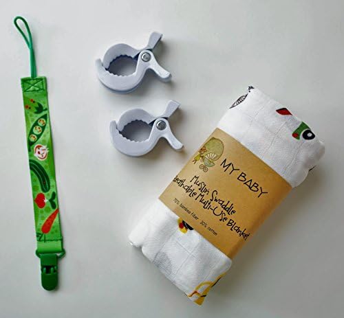 Bably Boo Cars 4 piece set, Baby Muslin Swaddle Blanket Square set – Bamboo & Cotton Baby Swaddle Wrap, White Pram Pegs Clips, Burping Cloth, Stroller Cover, Shade Cover, Breast Feeding Cover - Baby Girl or Baby Boy Blanket also free Multi-Purpose Dummy Clip