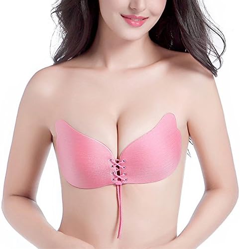 Suroomy Silicone Invisible Bra Strapless Adhesive Reusable Push-up Bras With Drawstring Pink Cup B