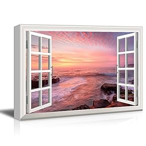 3D Visual Effect View Through Window Frame Coastal Area with Huge Rocks at Sunset Gallery 12x18 inches