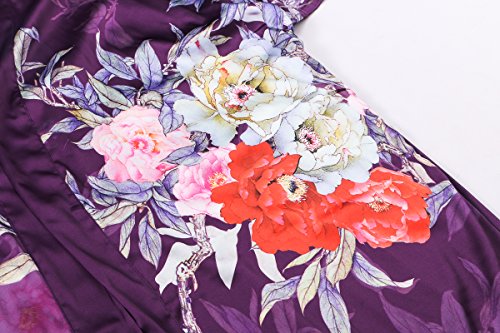 Old-to-new Women's Long Lightweight Elegant Kimono Robe Silk Bathrobe Dressing Gown with Fur- Watercolor Floral