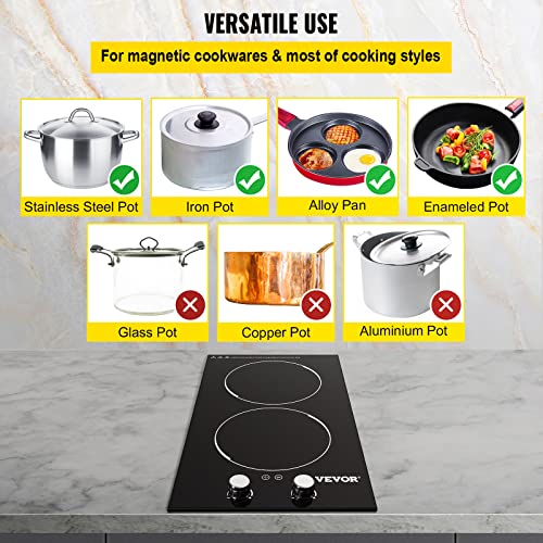 VEVOR Builtin Induction Cooktop, 12 inch 2 Burners, 220V Ceramic Glass