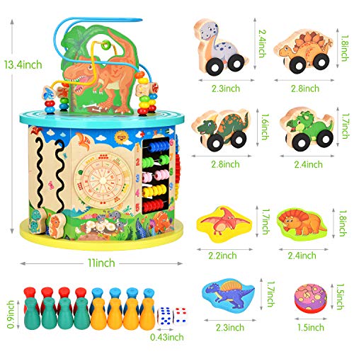 Victostar Activity Cube, 11 in 1 Dinosaur Bead Maze Multipurpose Educational Toy Wood Shape Color Sorter for Kids