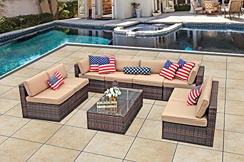 PATIOROMA Outdoor Patio Furniture Set, 10-Piece Sectional Sofa Set All-Weather Brown Wicker Furn ...