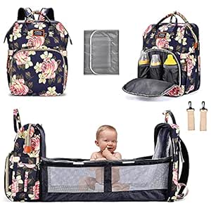 BRINCH Diaper Bag Backpack,Waterproof Diaper Bags with Bassinet Bed Mat Pad,Large Capacity Multifunctional Diaper Bag Organizer for Man/Dad/Women/Mom/Girls/Boys (Peony)