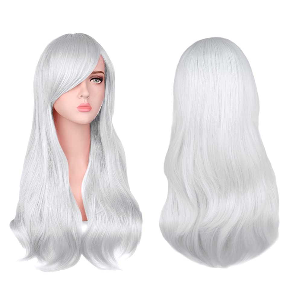 Aomig Long Wavy White wig, 3 Pack with Sunglass & Cap, Natural Full Curly Anime Cosplay Wig with Bangs, 28 Inch Synthetic for Daily Cosplay Party Use