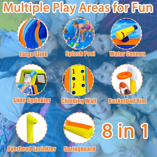RETRO JUMP Inflatable Water Slide 8 in 1 Bounce House for Kids Backyard Waterslide with Slide,Climbing Wall,Splash Pool,Basketball Rim,Sprinkles,Water Gun,480W Blower Included,Water Park for Summer