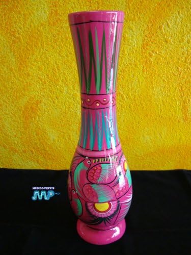 Glazed Ceramic Tall Vase 14" Folk Art/ MEXICO Pottery Vivrant Hand Painted Art (Hot Pink)