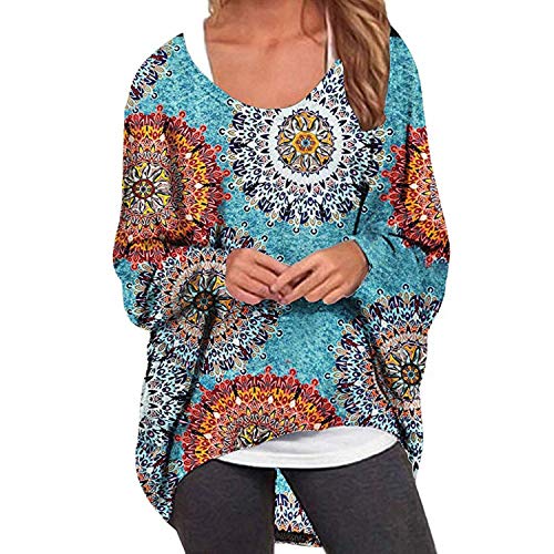 Tsmile Women Batwing Shirts Long Sleeve Floral Print Round Neck Oversized Baggy Fall Pullover T-Shirt Blouse Tops