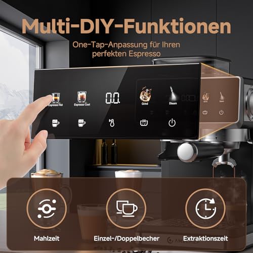 AMZCHEF Portafilter Machine with Grinder, 20 Bar Espresso Machine for Home with Milk Frother, 3 Temperature Levels, 20 Grinding Levels, Cold & Hot Brewing, Touchscreen Display