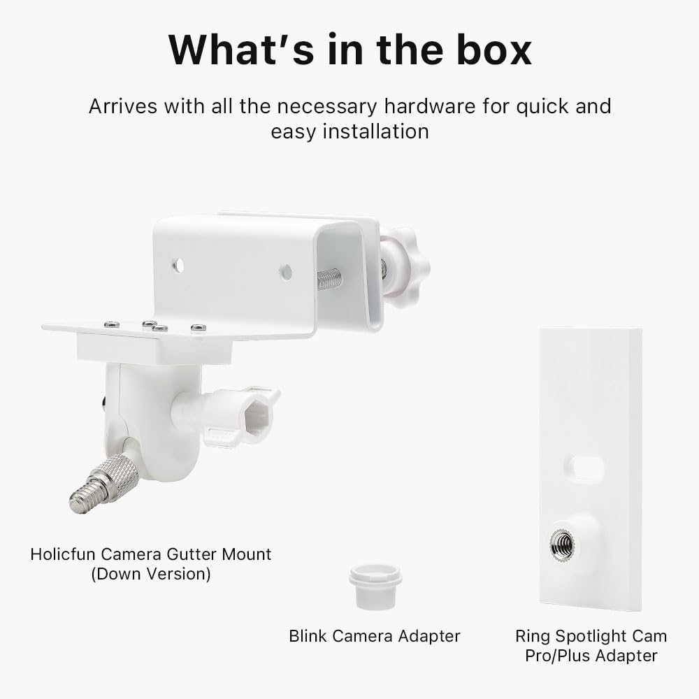 Holicfun Gutter Mount for Ring, Blink, Eufy, and Arlo Outdoor Security Cameras, No-Drill Installation, 360° Adjustable, Weather-Resistant, White