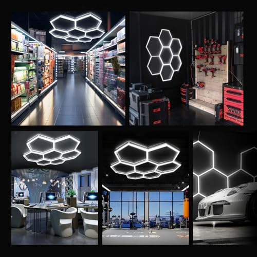 LED 7-Hexagon Honeycomb Garage Lamp, 240W 6500K Deformable LED Ceiling Light Dly Hexagon Garage Light for Workshop, Warehouse, Basement, Gym