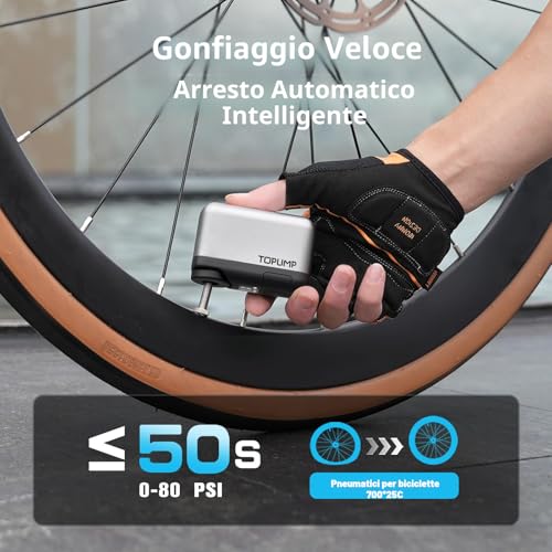 TOPUMP Mini Bicycle Pump, Electric Bicycle Pump with Pressure Gauge, Ultra Small 120 PSI Battery Bike Pump with Presta and Schrader Valve, Auto Stop, for Road Bike