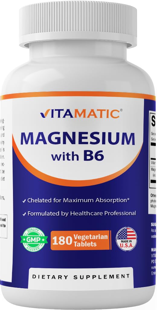 Photo 1 of Vitamatic Magnesium with B6-180 Vegetarian Tablets (Uncoated) - Added B6 for Maximum Absorption - Supports Muscle, Joint, and Heart Health