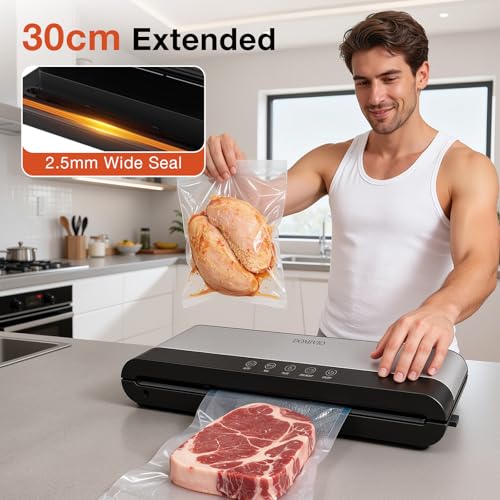 DOMIVIO 85KPA Vacuum Sealer, 7-in-1 Automatic Food Vacuum Sealer Machine, Dry/Moist Modes, 30cm Seal Length, Stainless Steel with 20 Pre-cut Bags, External Vacuum Hose, Digital Display