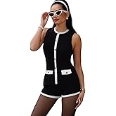 Suillty Women's Ribbed 2 Piece Outfit Set Contrast Color Sleeveless Button Down Cardigan Top with High Waisted Shorts
