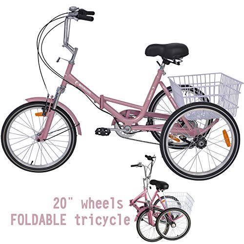VANELL 20″ 7 Speed Tricycle Adult Trike Cruise Bike – Foldable 3 Wheeled Bicycle – with Large Size Basket Backrest Seat – for Women Men for Shopping Exercise Recreation (Pink, 20″)