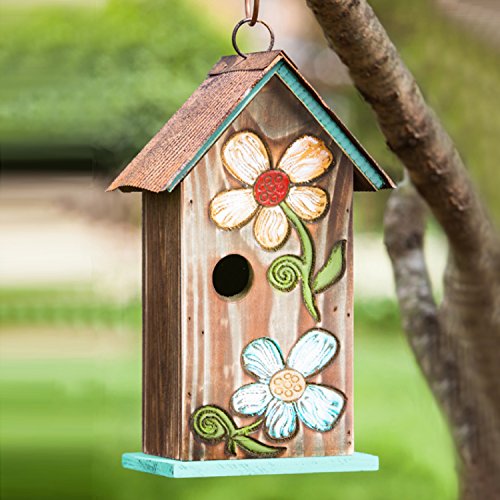 CEDAR HOME Hanging Bird House Outdoor Garden Patio Decorative Resin Pet Cottage Carved Bouquet Wooden Birdhouse, Brown
