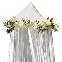 Bobo and Bee -  Enchanted Bed Canopy Mosquito Net For Girls, Kids, Baby, With Detachable Cream Rose and Ivy Garland - Twin Size, White with Satin Trim - Perfect Boho Woodland Nursery Decor