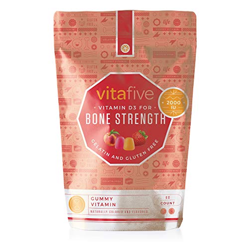 Vitafive Healthy Bone Strength Vitamin D3 2000 IU Gummy Vitamins - Natural Flavors, Vegetarian, Gluten Free, Allergen Free Gummies, Kosher, Halal - 60 Count