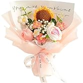 Chordobe Crochet Flower Sunflower & Rose Bouquet Handmade Artificial Flower Knitted Bouquet for Festival Wedding Graduation Anniversary (Pink)