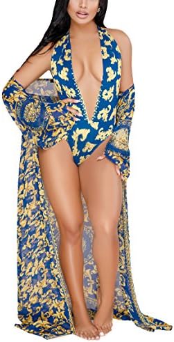 Felicity Young Women Sexy Deep V Neck Tribal Floral Print One Piece Bikini Swimsuit Swimwear + Ponchos Cover-UPS