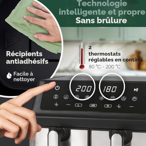ProfiCook Friteuse à air chaud | Système de préparation simultanée | 9 litres | Friteuse à air chaud 2 compartiments | Frire sans graisse | Cuve avec anti-adhésif | Airfryer | PC FR 1296 H