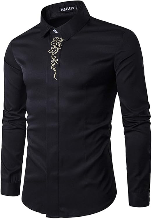 FIONOUT Embroidery Slim Fit Mens Dress Shirts Long Sleeve Button Down