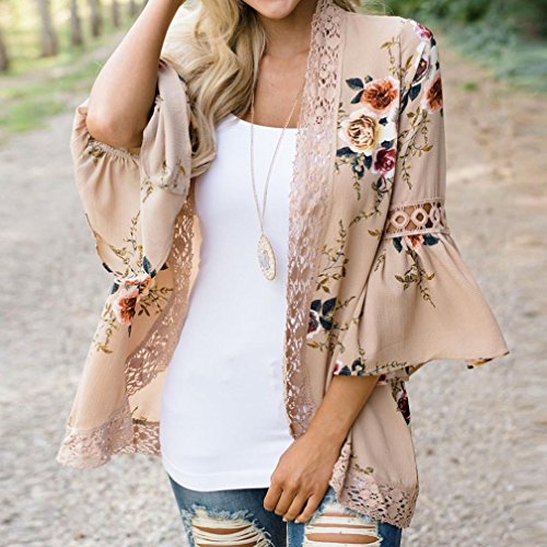 YANG-YI Women Lace Floral Open Cape Casual Cardigan Loose Blouse Kimono Cardigan Beach Dress (Khaki, US S)