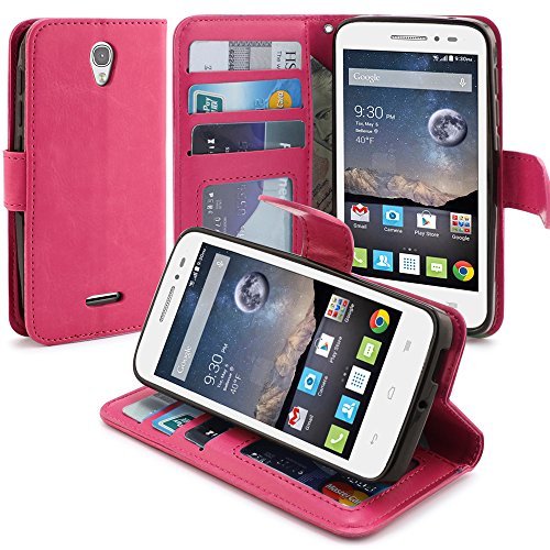 POP Astro Case, LK Alcatel POP Astro Wallet Case Luxury PU Leather Case Flip Cover Built-in Card Slots Stand For Alcatel OneTouch POP Astro, Hot Pink