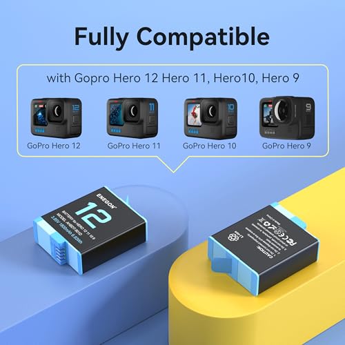 ENEGON Battery for Gopro Hero 12 11 10 9(1800 mAh 3-Pack) and Triple USB LCD Battery Chargers with SD Card Storage Compatible with GoPro Hero 12/11/10/9 (3 x Batteries + 1 x Charger, Black)