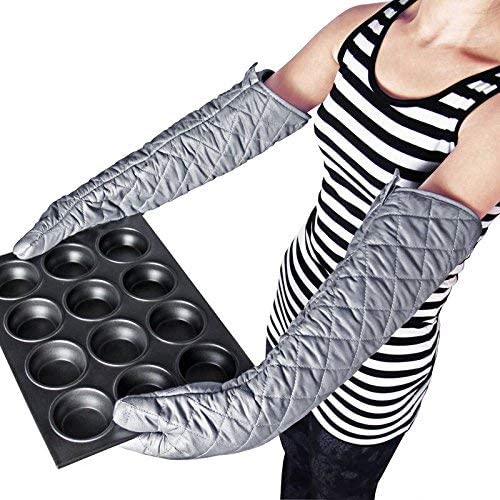 Photo 1 of Extra Long Oven Mitts Heat Resistant Cotton Lining Oven Thick Gloves Kitchen Food Service Mittens for Pot Holders Cooking Baking BBQ (24 Inch Silver -1pair)