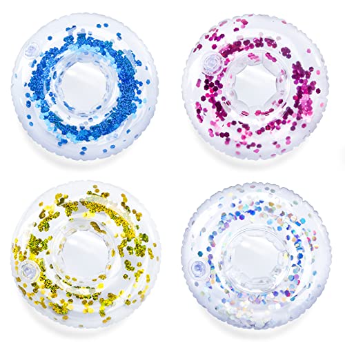 FUTUREPLUSX Inflatable Can Drink Holder, 4PCS Sparkling Confetti Drink Cup Holder Floats Inflatable Floating Coasters for Pool Party Kids Bath Toys Shower