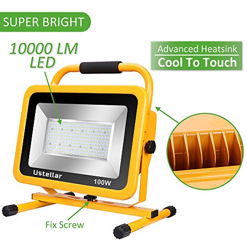 Ustellar 10000LM 100W LED Work Light (1000W Equivalent), 2 Brightness Levels, Waterproof Flood Lights, 25ft Cord with Plug, Stand Working Lights for Workshop, Construction Site, 5000K Daylight White - Thumbnail 2