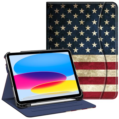 Fintie iPad 10th Generation Case 10.9 inch 2022 Model Stand Case with Multiple Viewing Angles Pen Holder and Pocket Auto Wake Off US Flag
