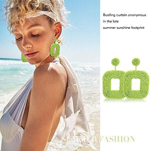 Women's Beaded Tassel Earrings Long Fringe Drop Bohemian Earings Dangle 7 Colors (Square-Grass green)