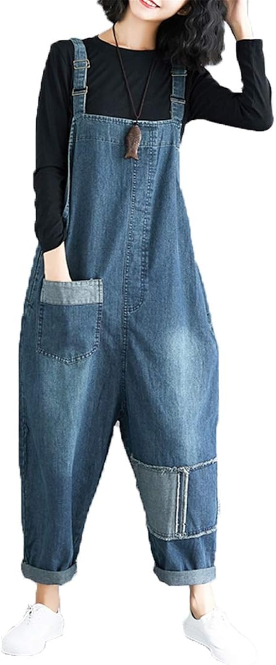 Amazon もうほうきょう デニム オーバーオール レディース デニム サロペット カジュアル 大きめ ゆったり 体型カバー オールインワン パンツ ジーンズ オールインワン 通販