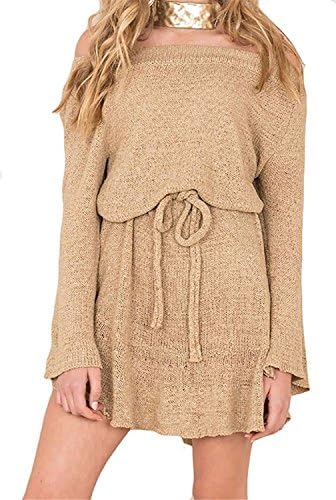 DATAIYANG Chic Women's Strapless Off Shoulder Long Sleeve Knit Sweater Party Mini Dress KhakiSmall