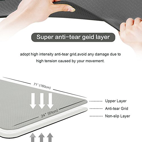 FARLAND Non Slip Yoga Mat with Carrying Strap - Eco Friendly TPE Workout Mat Exercise Mat,Anti-tear Hot Pilates Fitness Yoga Mat in Home & Gym (Grey Black)