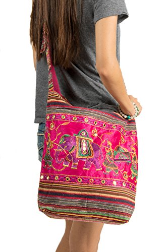 Pink Shoulder Bag Handmade Embroidered Elephant Boho Bohemian Hippie Tote Gypsy Beach Bag